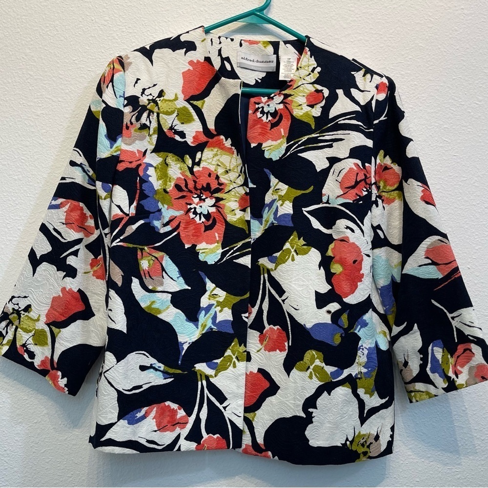 Alfred Dunner Floral Open‎ Blazer Suit Jacket Event Formal 10P Blue Pink 3/4
